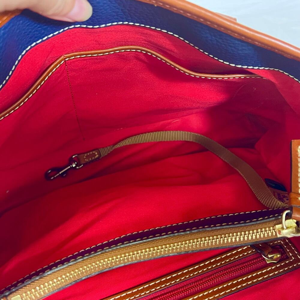 Dooney & Bourke Pebble Grain Perry Satchel Blue w/ Caramel Trim Gold Red Lining - Picture 9 of 14
